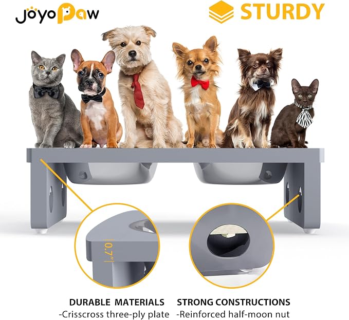 Elevated Dog Bowls, Bamboo Raised Dog Bowl for Small Dogs & Cats, with 2 Stainless Steel Bowls (4'' Tall-20oz Bowl, Grey) - Image 3
