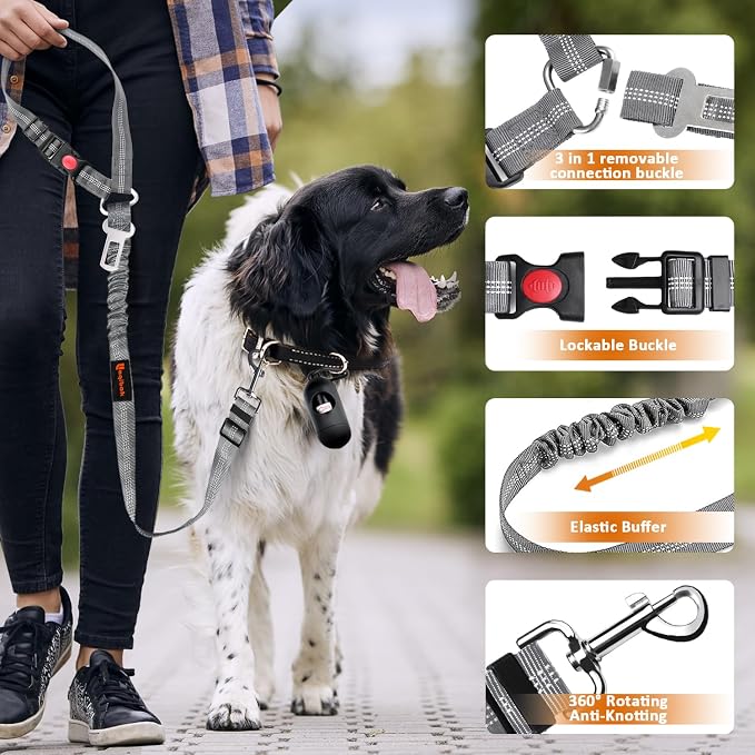 Laqibak Removable Dog Seat Belt Harness for Car, 3 in 1 Pet Seatbelt Leash | Retractable Headrest-Mounted,Restraint & Adjustable Reflective Bungee Dog Seatbelt Tether,Grey and Black - Image 5