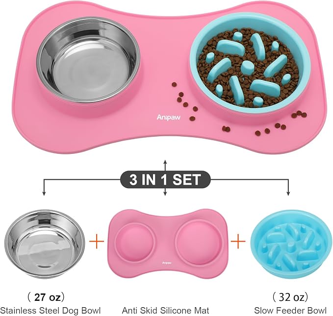 Slow Feeder Dog Bowls 3 in 1 Stainless Steel Food Water Bowl to Slow Eating | Durable, Non-spill & Non-skid with Silicone Mat Design, Slow Down Eating, Suitable for Small Medium Large Dogs and Cats - Image 5