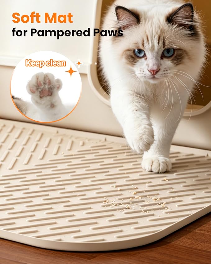 Cat Litter Mat, 47"x37" Extra Large Litter Box Mat, Silicone Mat, Beige | Waterproof Litter Trapping Mat for Scatter Control, Soft on Cat Paws Non-Slip Easy to Clean - Image 3