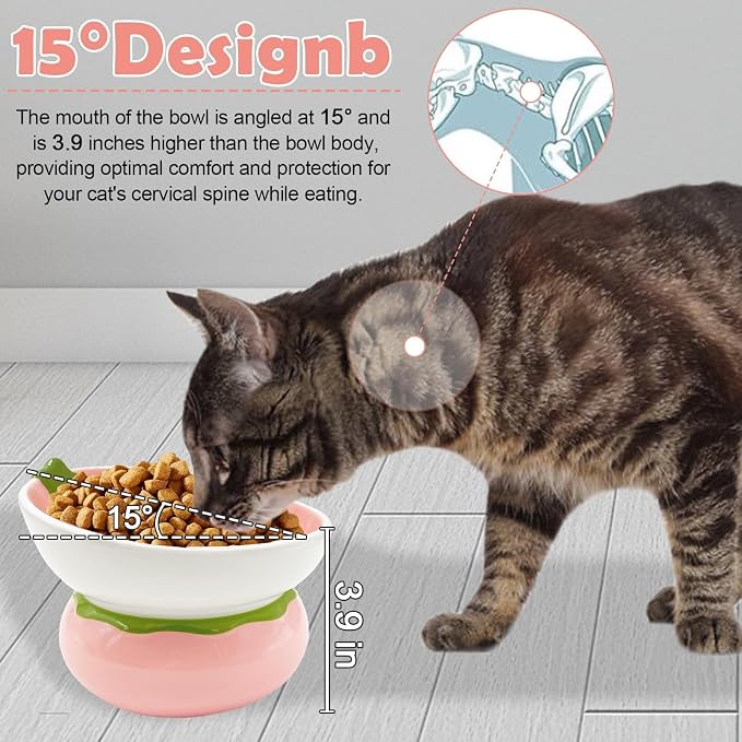 Hamiledyi Ceramic Raised Cat Bowls 15° Tilted Elevated Kitten Food Water Bowl Shallow Whisker Fatigue Kitty Dish Fruit Pet Feeding Bowls Feeder for Indoor Cats Small Dog (Pink Strawberry) - Image 4