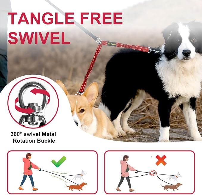 MingXpet 2 Dog Leash, Dog Leash for 2 Dogs, 360° Swivel No Tangle Double Walking Training Leashes for Large Dogs that Pull, Comfortable Shock Absorbing Reflective Bungee, Red - Image 4
