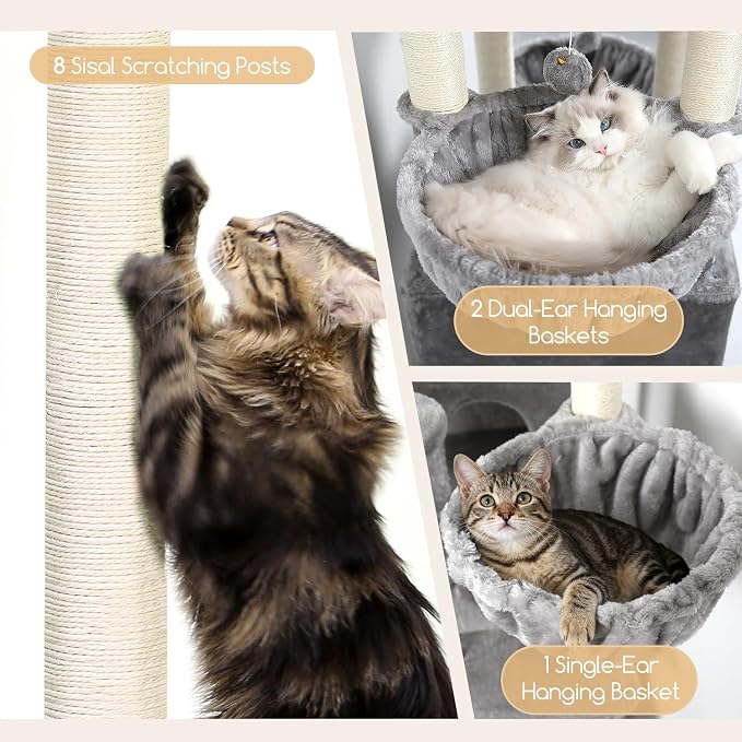 Globlazer Extra Large Cat Tree Tower, 82in Tall Heavy Duty Cat Tree for Indoor Cats Large Adult Big Cat Tower with 8 Scratching Posts, 2 Cat Condos, 2 Top Perches, 3 Hanging Baskets, S82, Light Grey - Image 4