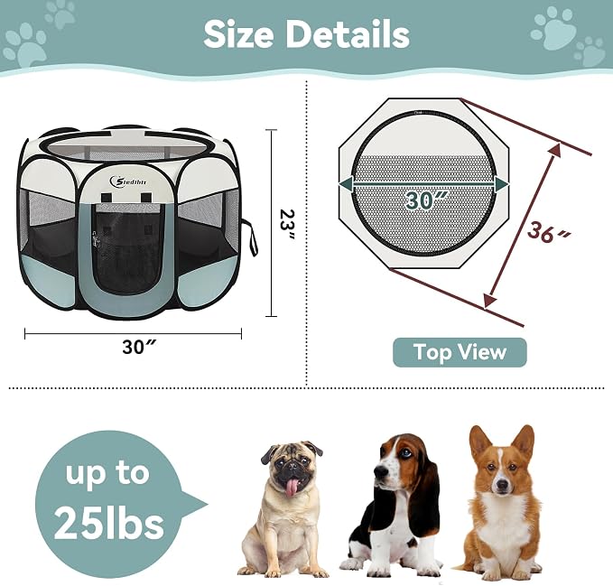 Siedihit Dog Playpen, Puppy Pet Playpen, Medium Dogs Tent Crates Cage Indoor/Outdoor, Portable Pop Up Dog Kennel Playpen with Carrying Case for Dogs/Cats/Rabbits, Removable Zipper Top, Grey - Image 3
