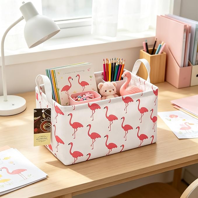 Rectangle Foldable Storage Basket Handles For Home, Flamingo | Waterproof reinforced handles, perfect for shelf use, organizes clothes, daily items and pet supplies - Image 3