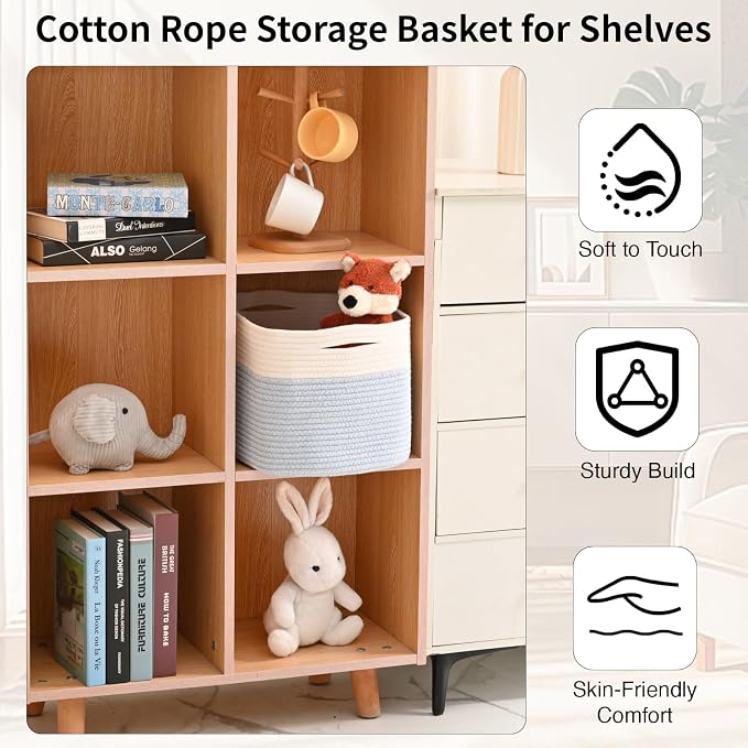 ICERZCZ Woven Cotton Rope Storage Basket for Organizing, Cute Decorative Baskets for Gifts Empty, Organizer Bins for Dog Toy, Baby Laundry, 15“×11”×9.5“, Off White & Blue - Image 5