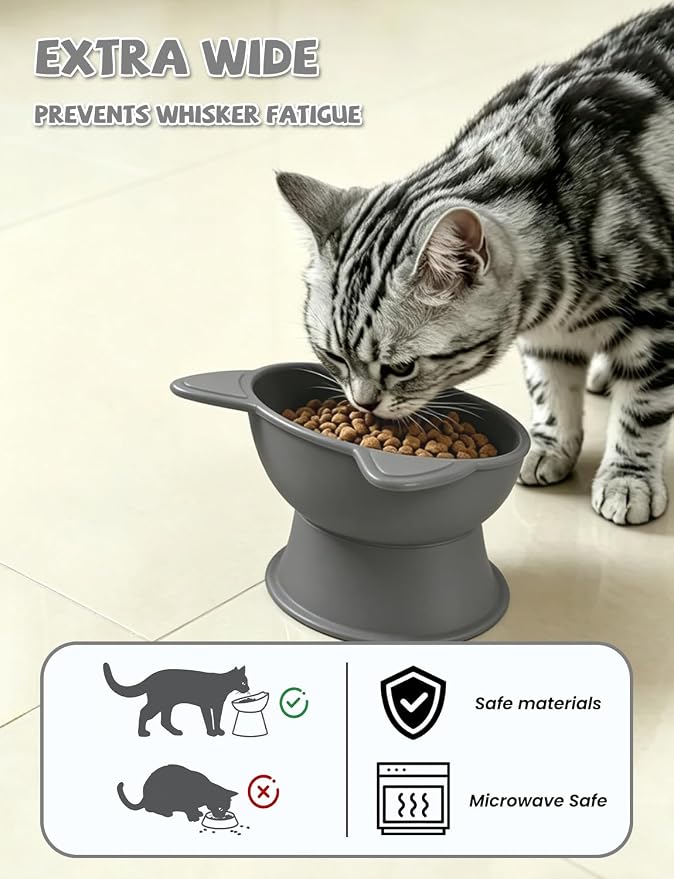 YINEYA Cat Bowls, Cat Food Bowl Elevated to Protect Neck & Anti-Vomit, Whisker-Friendly Raised Food & Water Bowls for Indoor Cats/Small Dogs, Cute Pet Feeding Bowl 6 OZ Each, Dishwasher Safe, Gray - Image 3