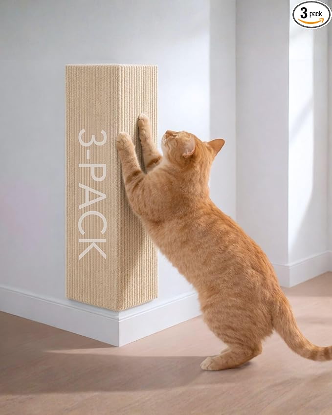 Corner & Wall Cat Scratch Mat, Self-Adhesive Trimmable Cat Scratcher, Wall Mounted Scratching Pad for Indoor Cats, Sofa Furniture Protector, Cat Post Cover Replacement (Beige, 23.6''x11.8'', 3-Pack) by Unknown