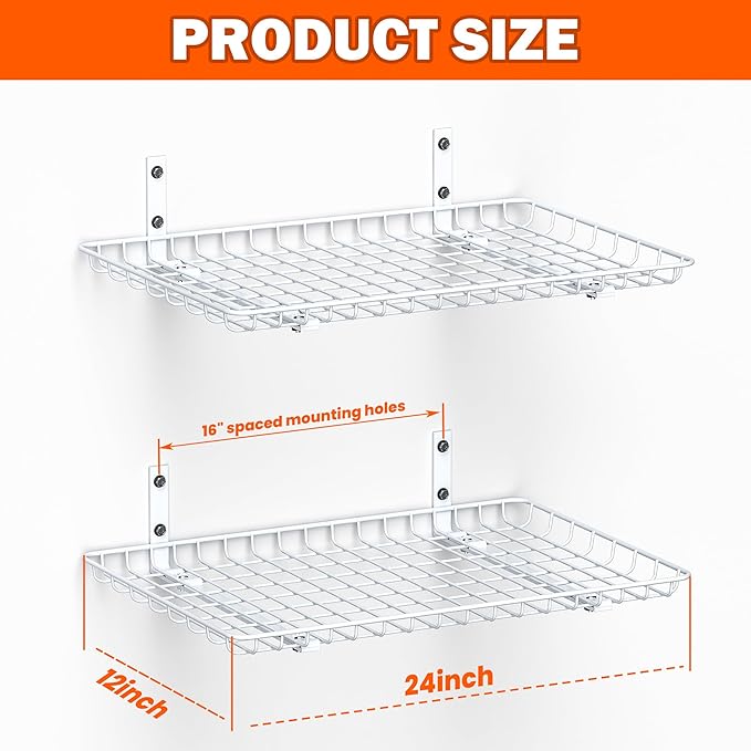 Wall Mounted Storage Shelf, Garage Wall Shelves 24x12 Inch | Metal Shelf Rack, Heavy-Duty Wall Organizer for Closet, Kitchen, Laundry Room 2 Pack, White - Image 3