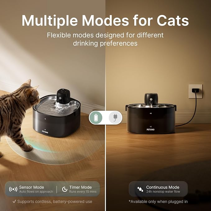 Cordless Cat Water Fountain, 78oz/2.3L, Battery Operated, Silver | Stainless Steel Tray, Rechargeable 4000mAh, Wireless, Motion Sensor, Ultra-Quiet Pump, Locking Lid, Automatic Fountain - Image 5