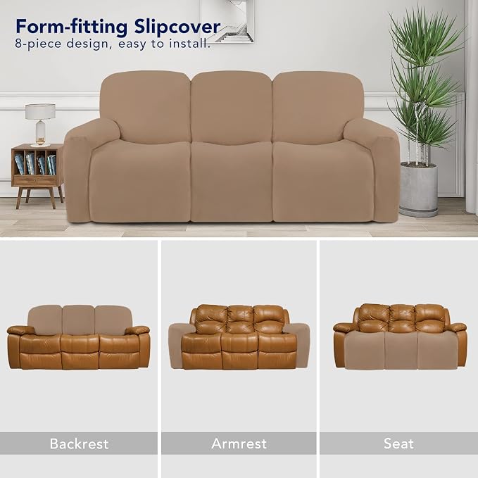 PureFit Super Stretch 3 Seats Recliner Sofa Couch Cover with Pocket | Non Slip Soft Sofa Slipcover, Washable Spandex Reclining Furniture Protector for Kids, Pets (Recliner Sofa, Camel) - Image 4