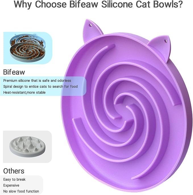 Bifeaw Slow Feeder Cat Bowl, Easy to Clean Silicone Bowl, Ideal for Dry and Wet Food (Purple and Pink) - Image 2