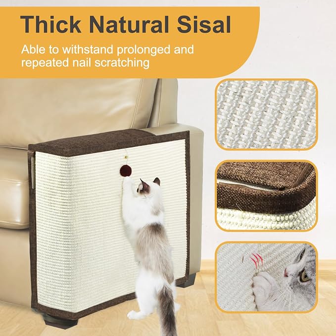 Upgraded Cat Scratch Furniture Protector,Cat Scratch Sofa Arm Sheild with 27.6’‘L*19.6’‘W Natural Sisal and Scratch Ball for Protecting Couch Sofa Chair Furniture (Brown/Left Handed) - Image 3