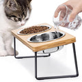 Elevated Cat Food Bowl for Indoor Cats, Raised Water Bowl Set for Kitten | Whisker Friendly, Anti Vomit, Easy Assembly, Bamboo, Dishwasher Safe, Stainless Steel, Pet Dish, Feeding Station for Puppy by Loplurea