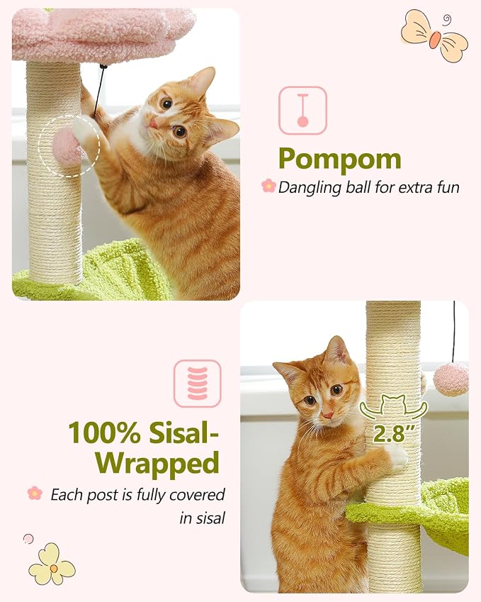 Flower Cat Tree, 28" Cat Tower with Cozy Flower Perch, Large Hammock for Indoor Small Cats, Cute Cat Tree with Sisal Scratching Post and Fur Toy Ball for Kittens, Pink | Plush flower perch, Metal frame hammock, Sisal post, Fluffy toy ball, Thickened st... - Image 8