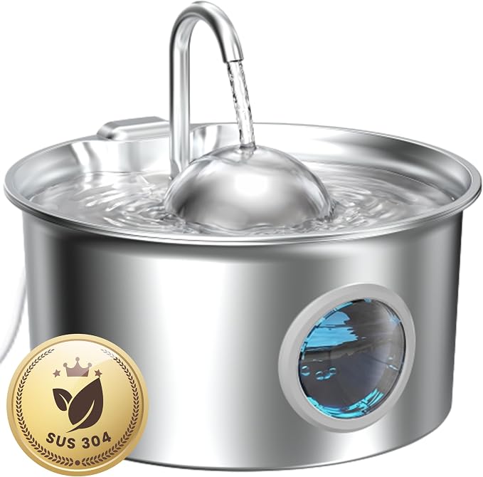 Cat Water Fountain Stainless Steel: Pet Water Fountains for Cats Indoor - 88oz/2.6L Cat Fountains for Drinking - Quiet Hemispherical Shape - Automatic Pet Fountain Bowl Dispenser- Small Animals by Dctrod