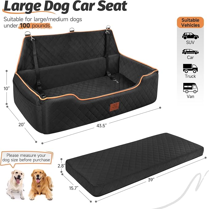 XIEEAOZEE Large Dog Car Seat for Dods Under 100 lbs, Memory Foam Dog Car Bed for Backseat & Trunk, Detachable and Washable Cover, Pet Travel Seat with Storage Pockets, 2 Safety Belts - Image 2