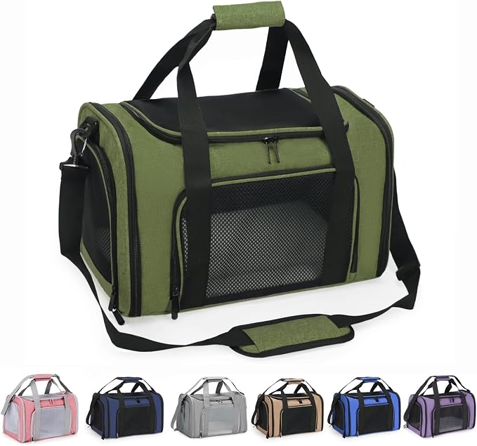 Pet Carrier for Cats and Dogs Up to 15 lb,Olive Green, Medium | 17 x 11 x 11 in, Airline-Compatible, Safety Leash, Luggage Sleeve, Foldable by Unknown