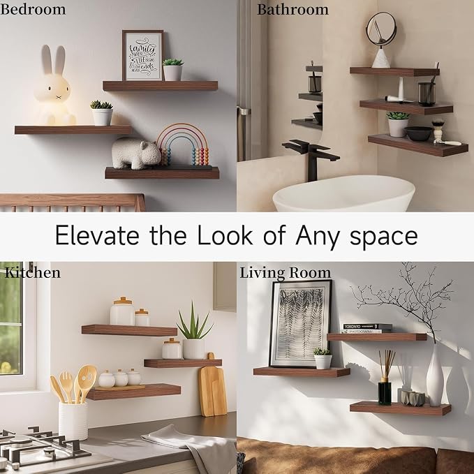 BAYKA Walnut-Like Floating Shelves 15.7in, 3 Pack, Wall Mounted Wall Decor | Easy Install, 22lbs Max Load, Hidden Bracket, Shelving for Bathroom Bedroom Kitchen Display Storage, Multi-Wall Compatible - Image 7