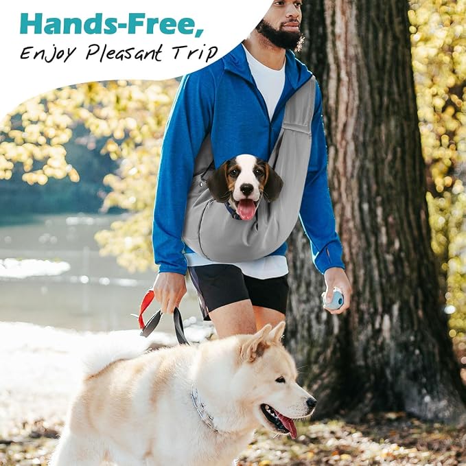 Pawaboo Small Dog Sling Carrier | Reversible Puppy Small Pet Carrier,Hands Free,Safety Buckle,Storage Pocket for Travel,Outdoor Activities Light Gray - Image 3