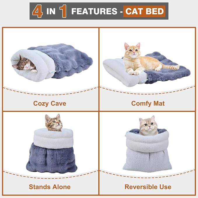 3 in 1 Semi-Enclosed Self Warming Burrow Cat Bed Sleeping Cave | Keep Warming, Machine Washable, Easy to Clean, Soft & Comfortable, Pet Beds fo Cats & Dogs, Cozy Privacy Nook - Image 4