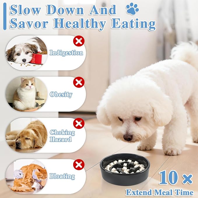 Ceramic Slow Feeder Dog Bowls, 0.6 Cups Dog Food Dish for Small Breed | Puzzle Dog Food Bowl for Fast Eater, 15OZ, 6.3 inch (Black) - Image 3