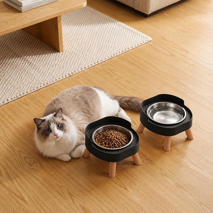 Elevated Cat Bowls, 2P Raised Cat Food and Water Bowl Set for Indoor Cats, Splash Proof with 2 Stainless Steel Pet Food Bowls for Cats ＆ Puppies, Whisker Friendly and Dishwasher Safe - Black - Image 8