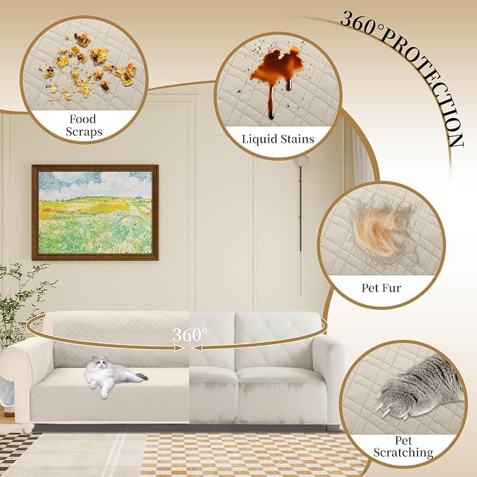 Velvet 100% Waterproof Couch Cover for Dogs Washable Sofa Covers for 3 Cushion Couch Pet Friendly Extra Large Sofa Slipcover Non Slip Furniture Protector with Pockets (X-Large, Light Beige) - Image 5