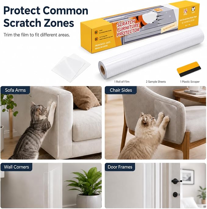 Cat Scratch Furniture Protector, 17 x 200 Inch Clear PVC Roll | 0.12 mm self-adhesive PVC with 2 test patches and a felt-edge squeegee for compatible smooth furniture surfaces - Image 6