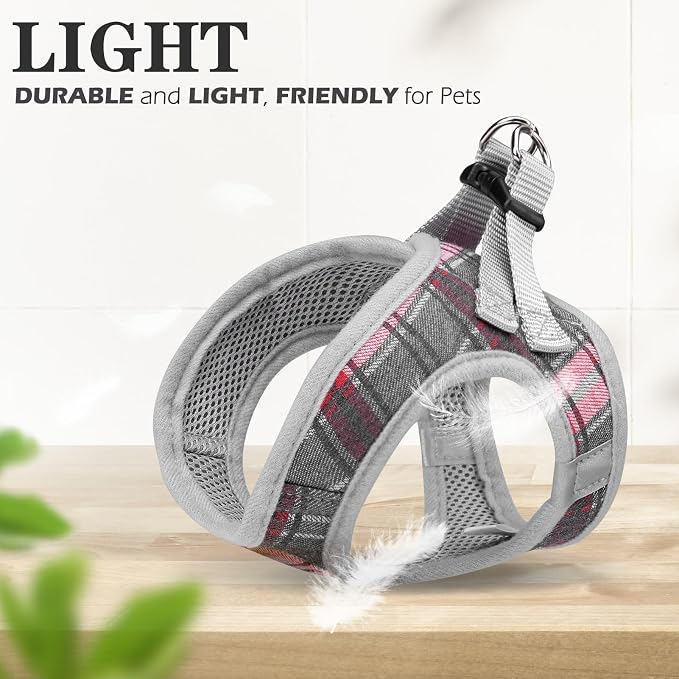 Classic Plaid Puppy Harness - Small Dog Harness and Leash Set - Dog Collar and Leash Set with AirTag Holder, Soft Padded Step in Dog Vest Harness No Pull Reflective for Outdoor, Grey XXS - Image 4