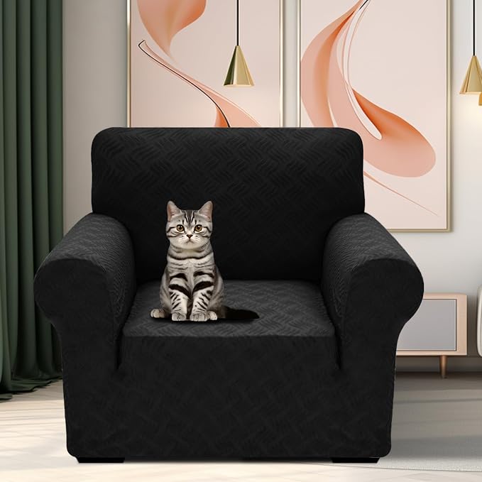 YEMYHOM Couch Cover Latest Jacquard Design High Stretch Sofa Chair Covers for Living Room, Pet Dog Cat Proof Armchair Slipcover Non Slip Magic Elastic Furniture Protector (Small, Leaf Patten Black) - Image 2