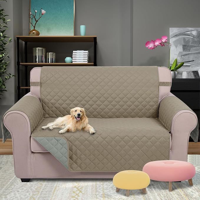 U-NICE HOME Loveseat Sofa Cover for 2 Cushion Couch, Khaki/Light Grey | 45''Loveseat Cover Washable, Pet Friendly, Elastic Straps, Water Repellent, Furniture Protector for 2 Cushion - Image 2