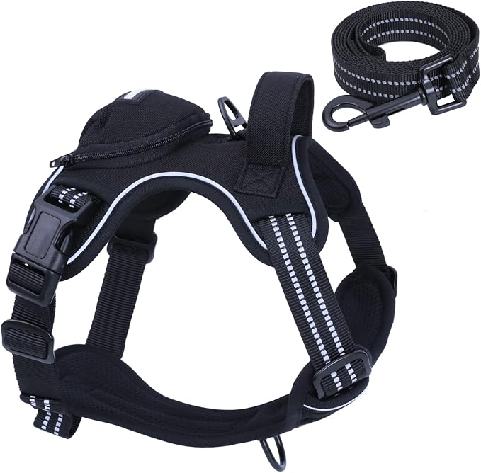 No Pull Dog Harness for Medium Dogs, Adjustable No Choke Pet Vest with Dog Leash Fit Smart Reflective Pet Walking Harness for Training Easy Control Soft Handle Black S by BUMBIN
