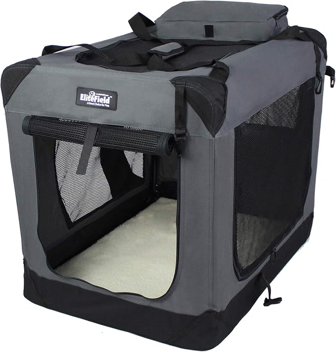 EliteField 3-Door Soft Dog Crate with Bed & Carrying Bag (2-Year Warranty) | 3 Mesh Doors, Steel Frame, Removable & Washable Crate Cover and Bed Cover, Storage Pockets, Indoor/Outdoor, Foldable by EliteField