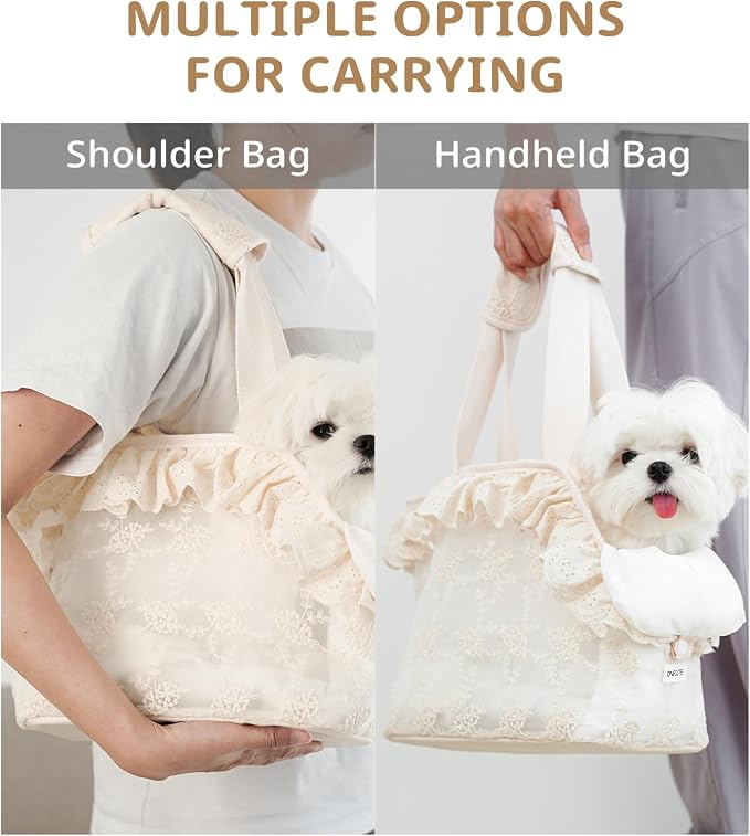 ONECUTE Dog Carrier for Small Dogs Rabbit cat with Lace Design, Cotton Bag, Dog Carrier Soft Sided, Collapsible Travel Puppy Carrier (Beige, 13" L x 6.7" W x 10.6" H) - Image 6