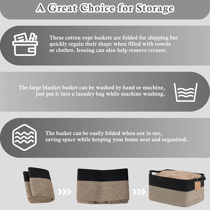 Goodpick 75L Extra Large Woven Blanket Basket, Rectangle, Black & Jute | 22" × 17" × 12" Decorative Wicker Storage Basket for Pillows, Toys & Clothes, Fits Living Room & Nursery Organization - Image 7