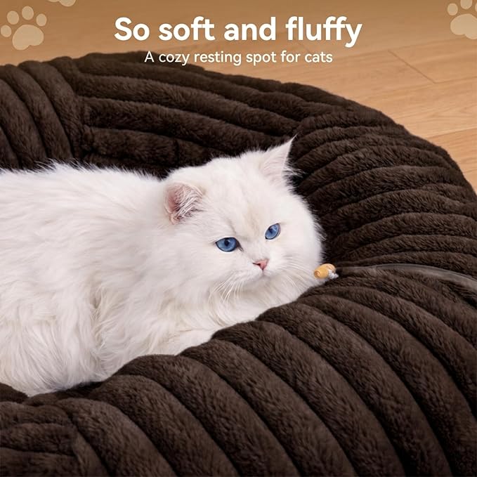 Dogpals Cat Tunnel Bed Cave 33" Lx10 Wx10 H for Indoor Cats (Coffee) | Washable Cozy Cushion, Soft Striped Plush Fabric, Hideaway Peekaboo Cave for Kittens, Puppies, Rabbits & Small Pets - Image 3