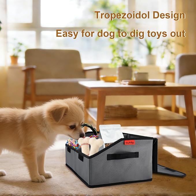 Dog Toy Box with Lid and Removable Divider, 19" Collapsible Toy basket and Handle，600D Fabric Cute Puppy Organizer for Pet Toys and Accessories - Grey - 1pcs - Image 3