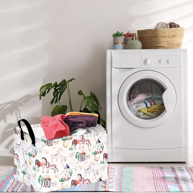 Storage Basket Home Shelf Basket Organizer Box Clothes Laundry Hamper Nursery Bin Gift Laundry Basket with Handles Rectangle Farm Pattern for Home - Image 3