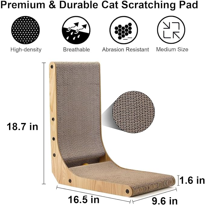 FUKUMARU Cat Scratcher, 18.7 Inch L Shaped Cat Scratch Pad Wall Mounted | Vertical Cat Scratching Board with Ball Cat Toy for Indoor Cats, Cardboard Cat Scratcher for Wall Sofa Couch - Image 3
