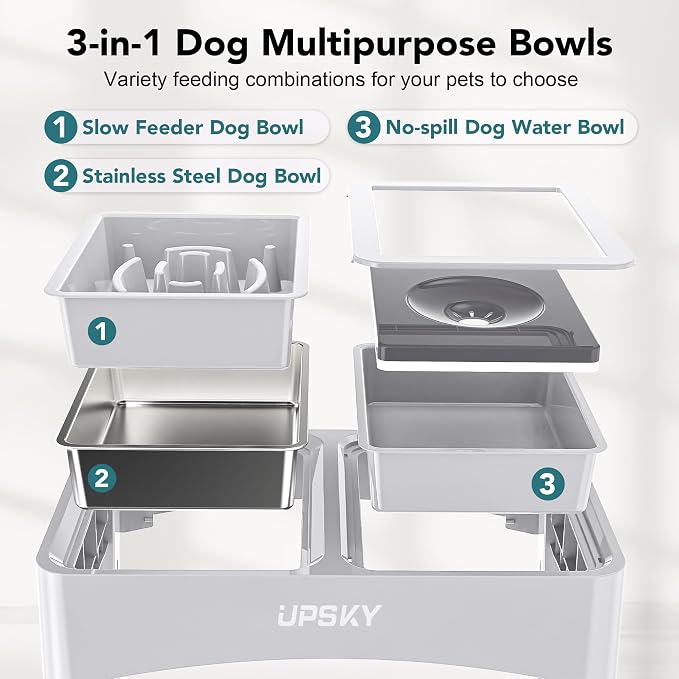 UPSKY 3-in-1 Elevated Dog Bowls Set with 4 Height Adjustable Stand, White | 304 Stainless Steel Bowl, No Spill Water Bowl, Slow Food Bowl, Anti-Slip, Dishwasher Safe, Suitable for Small Medium Dogs - Image 3