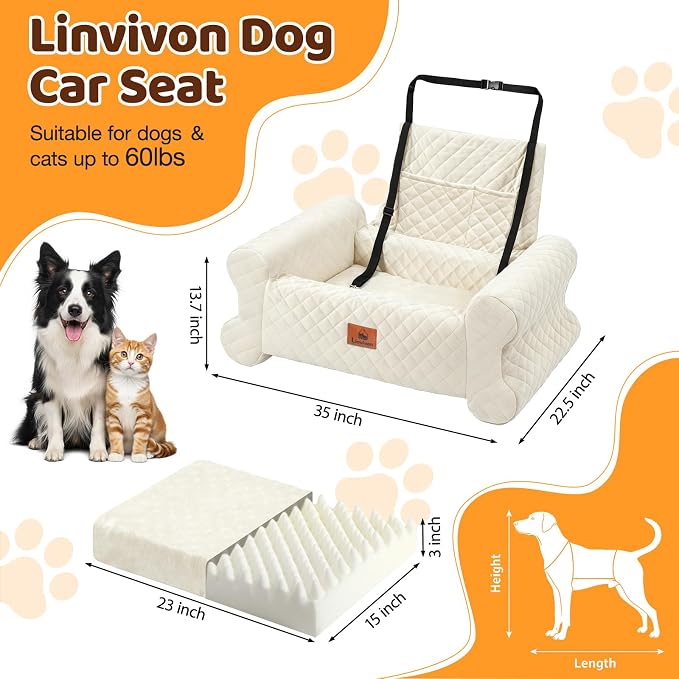 Dog Car Seat for Medium/Large Dogs up to 60LBS Memory Foam Dog Booster Seat | with Thick Cushion, Pet Car Seat for Back with Detachable Washable Cover, Storage Pockets for SUV, Pick Up, Trunk, White - Image 2