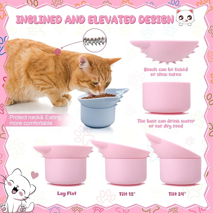 2 Pack Slow Feeder Cat Bowls Silicone Tilted Raised Pet Bowl | Non Slip Base for Digestion Anti Vomit, Pink, Blue - Image 6
