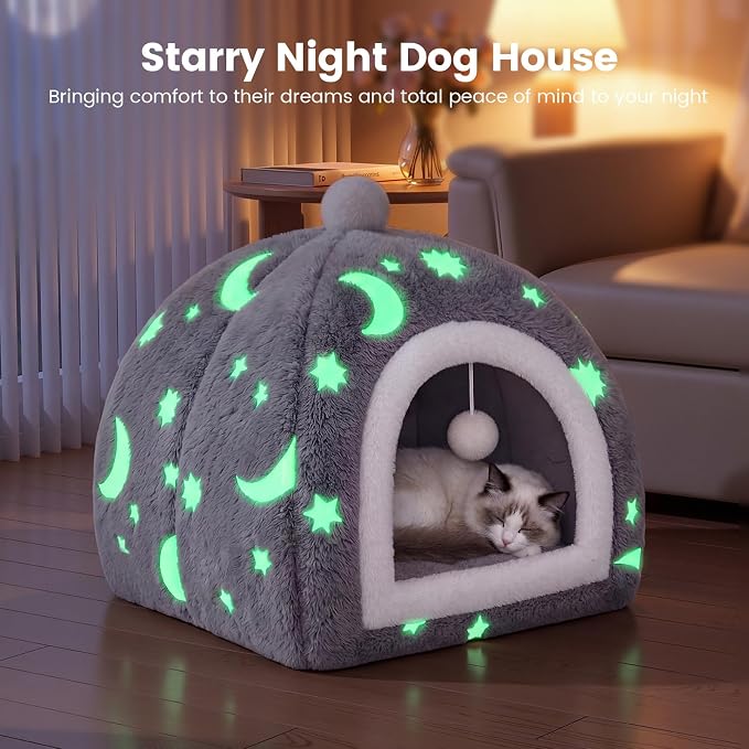 Glow in the Dark Cat Cave Bed, 2-in-1 Foldable Indoor Cat Tent Cat House | 17.3"x17.3"x18"Luminous Starry Cave with Removable Washable Cushion,Hanging Toy Ball,Non-Slip Bottom Mat for Cats Small Dogs - Image 3