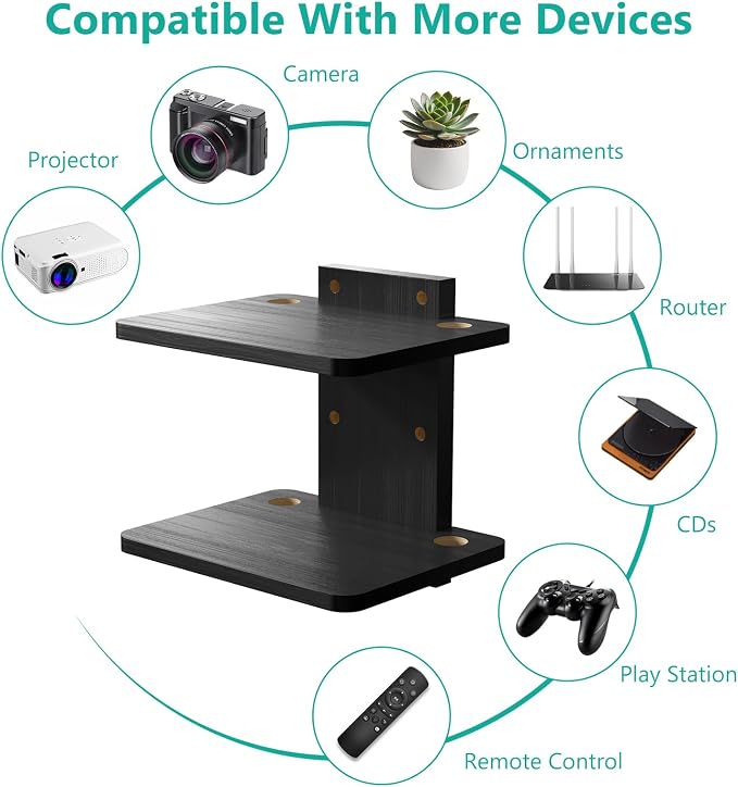 WALI Floating TV Shelf, 2 Tier Projector Shelf for DVD Players, Routers, Game Consoles, Cable Boxes, Living Room Decor Accessories, Wall Mount Shelves Holds Up to 22lbs (CS202NB), 2-Shelf, Black - Image 6
