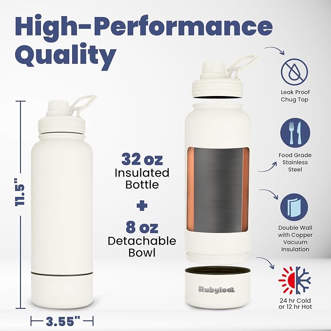 Rubyloo Dog Water Bottle with Detachable Bowl for Dog Lovers, Solid Cream | 32oz Insulated Stainless Steel Bottle, 8oz Detachable Bowl, Leak-Proof Lid, BPA-Free, Hiking, Walking, Travel, Gift - Image 4
