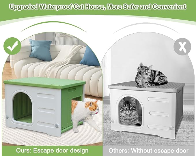 Plastic Cat House Outdoor & Indoor, Waterproof Feral Cat Houses with Escape Door, Sturdy Outdoor Cat House with Bed Mat, Outside Cat Shelter for Small Pet, Assemble and Clean Easily-Green - Image 2