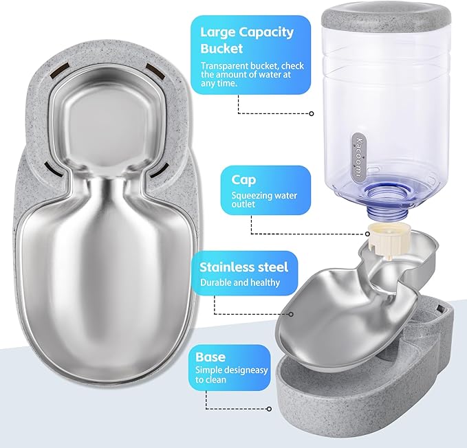 Automatic Cat Feeder and Water Dispenser with Stainless Steel Bowl Gravity Food Feeder and Waterer Set for Small Medium Dog Puppy Kitten 1 Gallon x 2(Grey) - Image 2