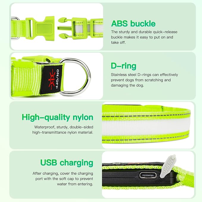 LED Light Up Dog Collar for Night Safety Walks, Green, M | USB rechargeable, waterproof & pet-safe, 3 lighting modes, long-lasting glow, adjustable S/M/L, soft comfy daily walk fit - Image 4