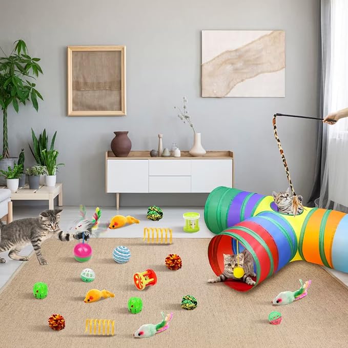 Malier Cat Toys Kitten Toys Set, Collapsible Cat Tunnels for Indoor Cats, Interactive Kitty Toys Cat Feather Toy Fluffy Mouse Crinkle Balls 3 Way Tube Tunnel Toys for Puppy Kitty Kitten - Image 2